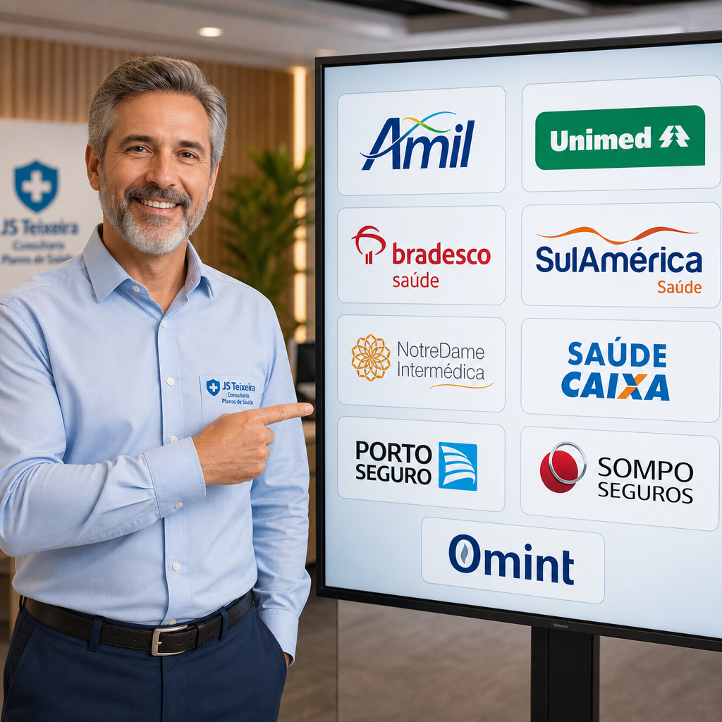 Corretor JS Teixeira apresentando operadoras parceiras: Amil, Unimed, Bradesco Saúde, SulAmérica, NotreDame Intermédica, Saúde Caixa, Porto Seguro, Sompo e Omint